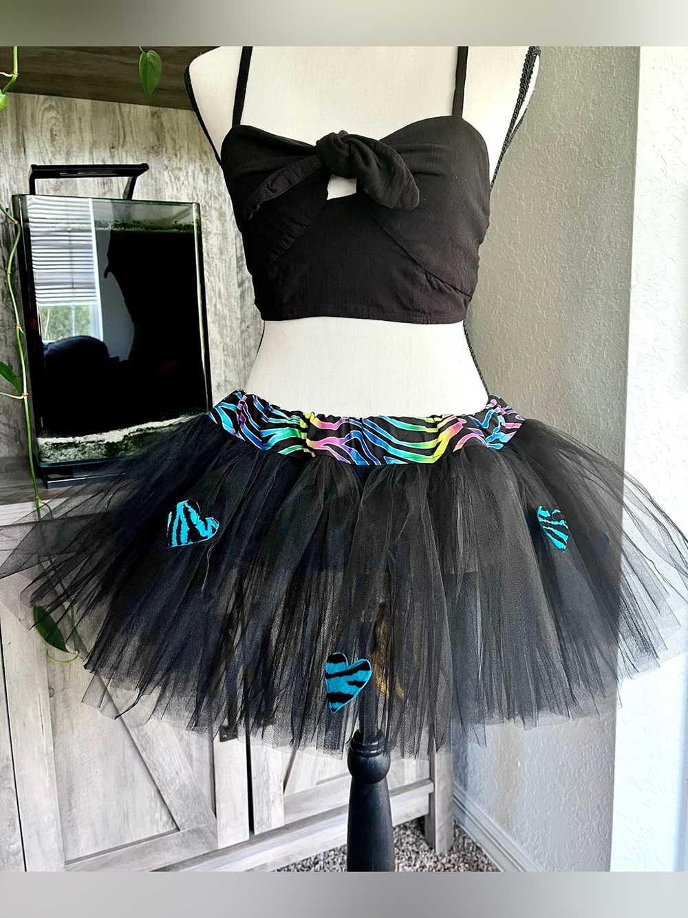 Tutu Handmade Black Tulle Midi Skirt Zebra Hearts Rave Festival Women’s S/M